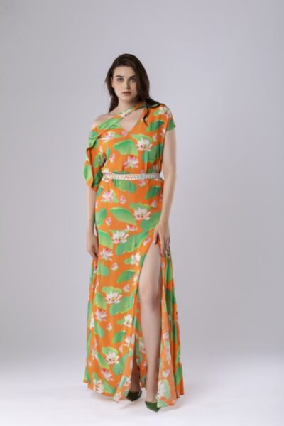 Lotus Print Slit Skirt