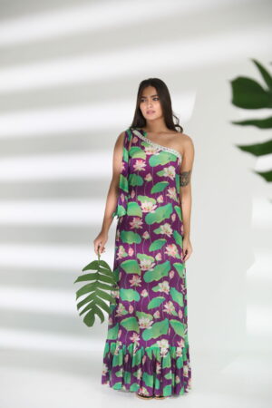 LOTUS PRINT ONE SHOULDER DRESS